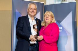 Advertising and Advertising Media Research award winner Richard Colwell CEO Red C Research with  Liz Doyle Head of EVOKE, RollerCoaster.ie and One Fab Day - sponsor DMG Media.